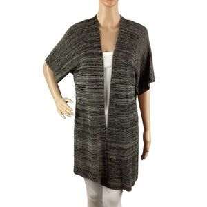 Eileen Fisher Black White Tencel Short Sleeve Open Front Cardigan Sweater S/M